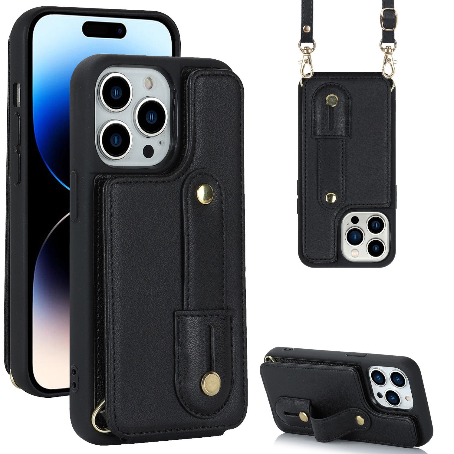 For iPhone 14 Pro Max Wristband Kickstand Phone Case Leather+TPU Cover with Card Holder For iPhone 14 Pro Max Wristband Kickstand Phone Case Leather+TPU Cover with Card Holder